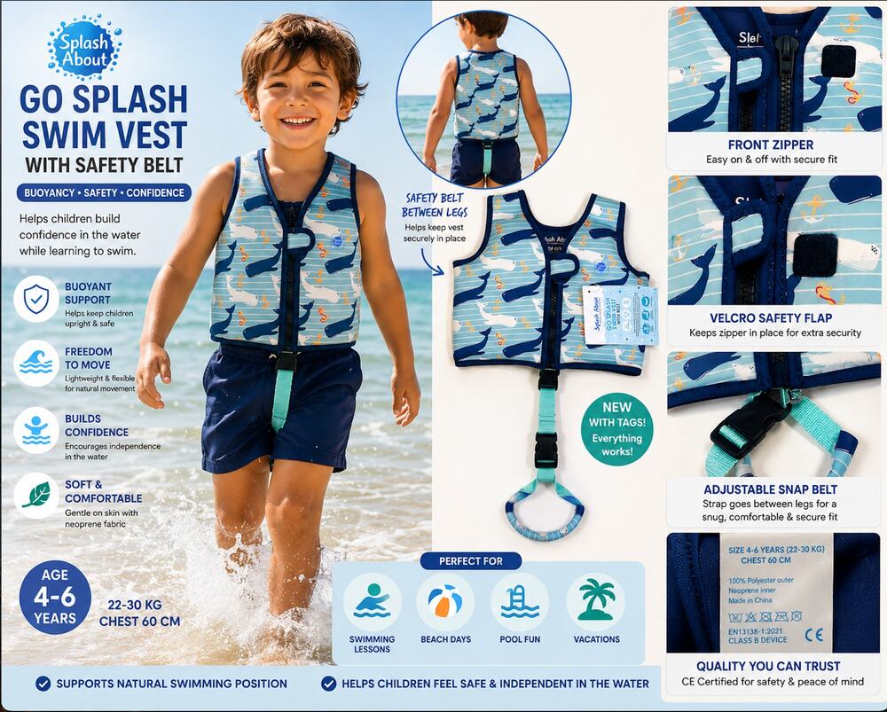 Splash About Go Splash Swim Vest Safety Belt Whale Print 4-6Y NWT